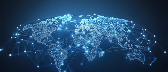 3D rendering of digital graphic user icons connected by lines on a dotted world map globe, representing personal data and people connection concept on abstract dark blue background