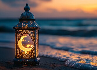 Wall Mural - Arabic lantern of Ramadan on the beach with crescent moon and star, copy space for text, stock photo background