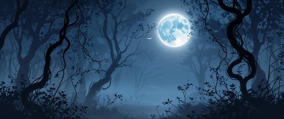 bright moonlight breaking through dense fog revealing twisted vines and dark trees in shades of blue