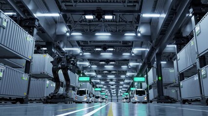 Poster - Modern warehouse with automated trucks and container handling in action