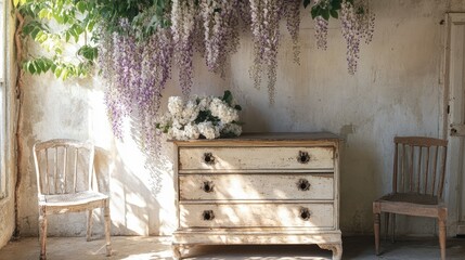 Wall Mural - A rustic vintage dresser adorned with cascading wisteria in an old, sunlit room