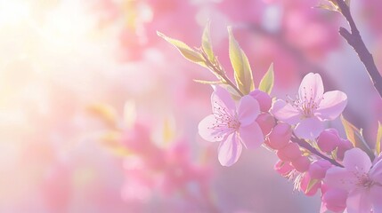 Wall Mural - Dreamy Sunrise Over Blossoming Hilltop Orchard - Cinematic Ultra-Detailed View of Pink Buds in Warm Light