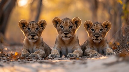 Wall Mural - Three adorable lion cubs posing together in a warm golden light on a forest path
