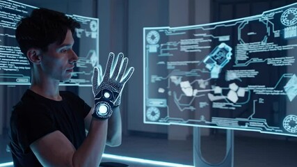 Poster - Young man interacting with futuristic holographic technology in a modern workspace