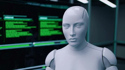 Poster - Robots interact with advanced technology in a modern research facility setting. Futuristic AI bot