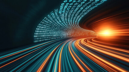 Wall Mural - digital tunnel with flowing binary patterns and glowing light