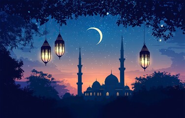 Wall Mural - Eid Mubarak and Ramadan Kareem greetings with an Islamic lantern, mosque spire, and night sky background with copy space. 