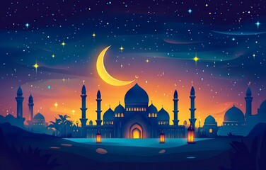 Wall Mural - Eid Mubarak and Ramadan Kareem greetings with an Islamic lantern, mosque spire, and night sky background with copy space. 