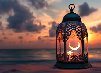 Wall Mural - Eid Mubarak and Ramadan Kareem greetings with an Islamic lantern, crescent moon, and star on a beach background. Copy space for text design, empty place for advertising stock photo, 