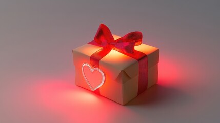 Wall Mural - A beautifully wrapped gift box with a red ribbon and heart-shaped tag, placed on a clean white surface, with a soft pink glow highlighting the heart