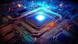 © khaki - コンピューターチップの基板上に浮かび上がる電気信号