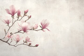 Wall Mural - An artistic view of a pink magnolia branch with flowers and buds against a soft, minimalist backdrop, emphasizing natural beauty