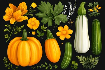 Aufkleber - A clean infographic-style representation of a zucchini plant, showing the fruit, flower, and leaves in bold, flat colors