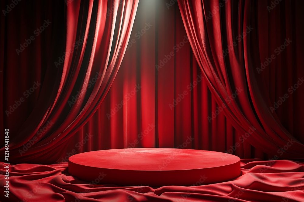 Scene with red velvet curtains and round podium