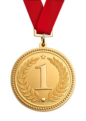 Fototapete - Gold Medal for first prize winner with red ribbon, 1st. isolated on transparent background with a clipping path
