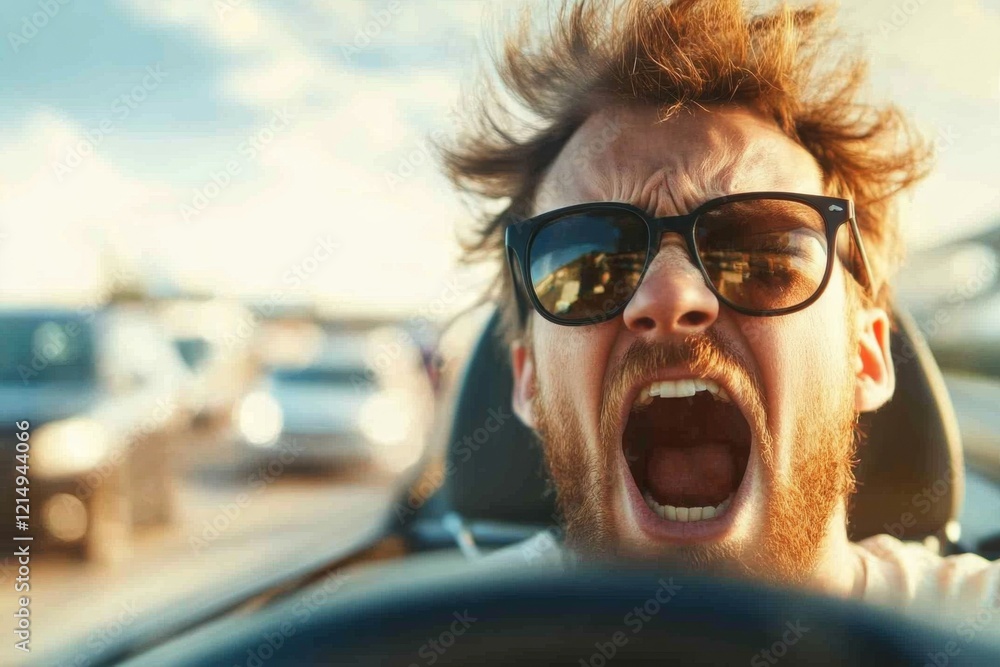 A driver shouting out of their car window during a traffic jam, with ...