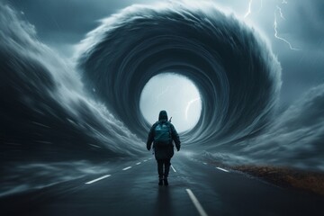 a furious storm scene, with a lone figure shouting into the wind as lightning strikes in the backgro