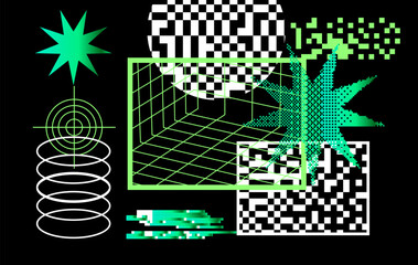 Aufkleber - Geometric distress aesthetics in abstract pattern design. Brutalism inspired vector graphics collage made with simple geometric shapes and grunge texture, useful for poster art and digital prints.