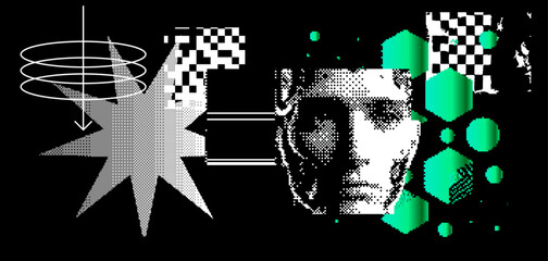 Aufkleber - Brutalism inspired vector graphics collage made with simple geometric shapes, grunge texture, and distrssed  pixelated image of human face. Futuristic poster art and digital print design.