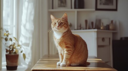 Wall Mural - A Ginger Cat Sitting on a Wooden Table by a Window