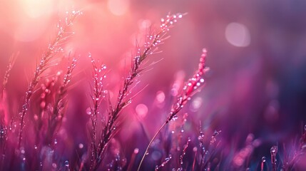 Wall Mural - Dew-Kissed Meadow at Sunrise: A Symphony of Pink and Purple