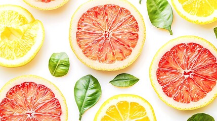 Wall Mural - A collection of citrus fruits, with their bright colors and juicy textures, displayed against a clean white backdrop for a fresh and vibrant feel