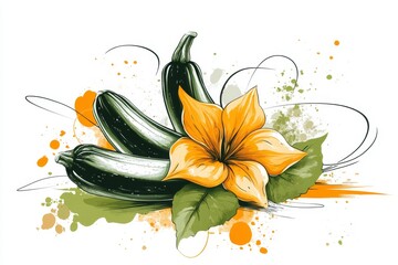 Poster - A simple, elegant depiction of a zucchini flower and leaf, drawn in a minimalist style with subtle yellow and green tones