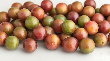 Canvas Print - A close-up view of green and red gooseberries, scattered on a white surface, capturing their glossy skins and fine details