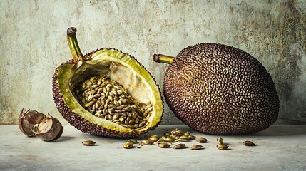 A whole jackfruit cut open, with pieces and seeds displayed on a white surface, emphasizing the unique texture and large size of the fruit