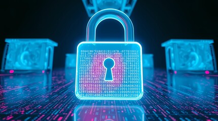  Futuristic digital cyber security concept with glowing padlock and streaming binary code