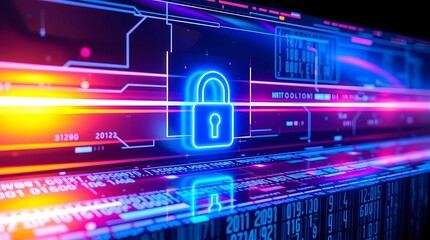  Futuristic digital cyber security concept with glowing padlock and streaming binary code