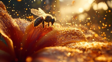 Poster - Honeybee Pollinating a Golden Flower in Sunlight