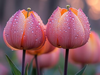 Two pink tulip flowers with water droplets on the petals after rain, close up view