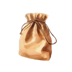 Aufkleber - A watercolor painting depicts a light brown drawstring bag with dark brown cords, isolated on a black background.