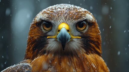 Wall Mural - close-up of a majestic hawk in light snowfall showcasing its vibrant plumage and intense gaze