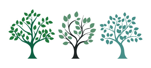 Set of tree and leaf collection hand drawn flat design vector element. botanical set of bare trees and ones with leaves and lush green