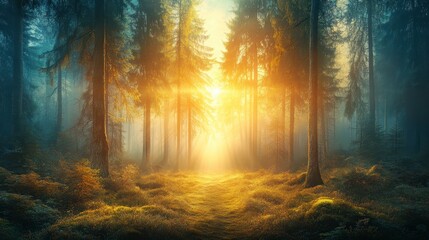 Poster - Magical Sunrise in a Misty Forest