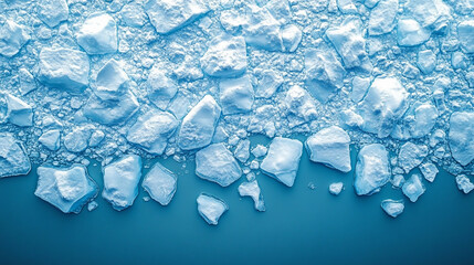 Aerial view of Antarctic ice shelf with small and large snow-covered ice blocks under warm sunlight pastel minimalistic bright tones creating a sense of calm and vast emptiness with blurred background