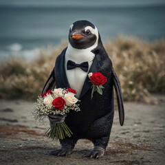 A penguin in a tuxedo holding a bouquet of roses.