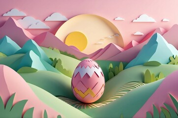 colorful abstract paper cut easter egg(s) illustration with dreamy fantasy landscape and pastel colo