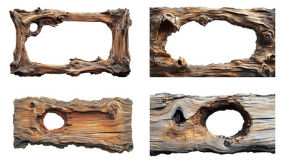 Poster - Four rustic wooden frames with natural holes showcase unique textures and shapes ideal for design elements.