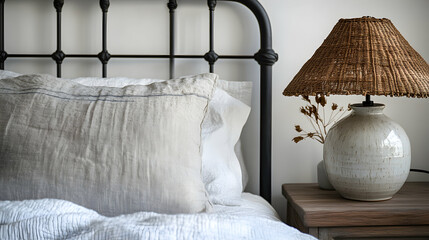 Wall Mural - A detailed view of a handcrafted ceramic lamp with a woven rattan shade, styled on a bedside table