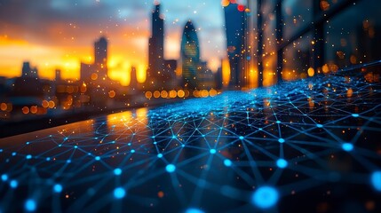 Cityscape at sunset with glowing network connections.