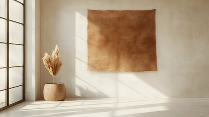 Wall Mural - A textured woven wall tapestry in earth tones, hanging on a plain white wall in a bright interior space