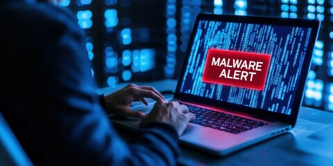 Caucasian male working on a laptop with a malware alert message displayed.