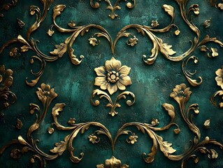 Wall Mural - Vibrant Thai Pattern with Swirling Gold Motifs on Emerald Green Background