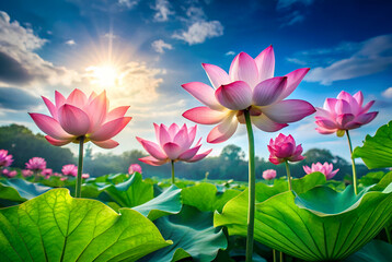 Sticker - A serene landscape featuring vibrant pink lotus flowers blooming under a bright sky, surrounded by lush green leaves.