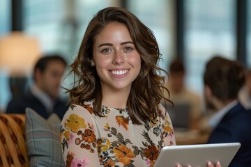 Wall Mural - A young woman with curly brown hair smiles warmly while holding a tablet in a modern cafe setting, surrounded by a blurred background of people. businesswoman entrepreneur corporate leader