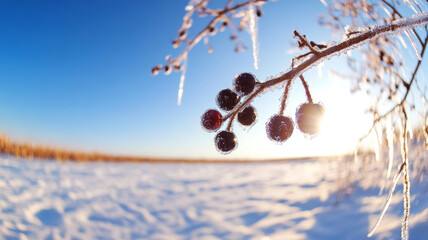 Wall Mural - fisheye perspective capturing frosty berries, glinting icicles hanging from branch, sparkling under 