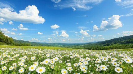 Poster - Vibrant Daisy Field Under a Sunny Summer Sky